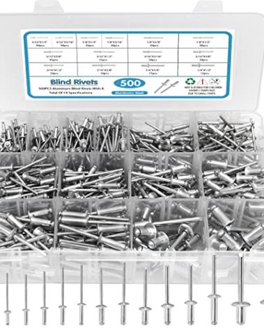 SATANTECH 500pcs Pop Rivets Assortment Kit,14 SAE Sizes Aluminum Rivets (3/32" 1/8" 5/32" 3/16" 1/4"), Assorted Blind Rivets with Reinfored Divider & Labeled Case