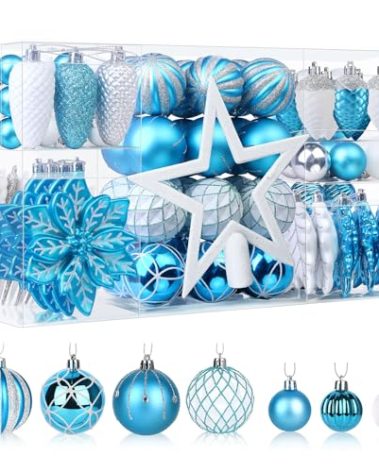 SHareconn 106PCS Christmas Balls Ornaments Set, Colorful Shatterproof Plastic Decorative Baubles for Xmas Tree Decor Holiday Wedding Party Decoration with Hanging Hooks, Blue & White Silver