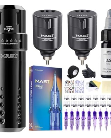 Mast Tattoo Flip Corded & Cordless Tattoo Gun Kit Rotary Tattoo Machine with 6 Strokes 2.6-4.0mm 2 Batteries 20 Needles Complete Tattoo Supplies for Beginner Home Practice & Artists