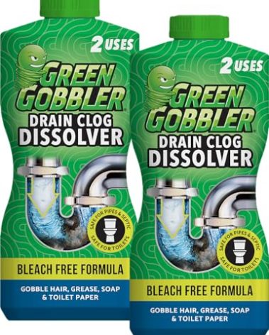 Green Gobbler Drain Clog Dissolver | Powerful Liquid Drain Opener & Toilet Clog Remover | Safe for Pipes & Septic | 2 Pack