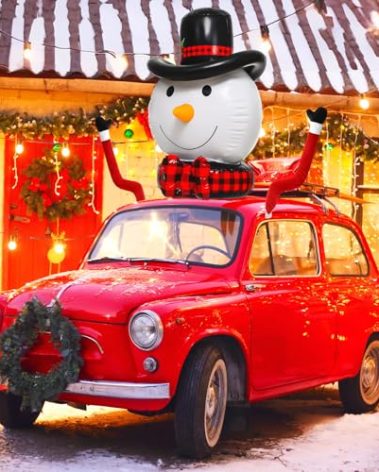 Hollowfly Christmas Car Decorations 35.4'' Large Inflatable Snowman Santa Claus Hat with Arm Outdoor Car Exterior Decor for Automobiles Cute Funny Christmas Decoration Suitable for Most Vehicle Model