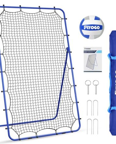 PLYOGO Volleyball Rebounder Net, 4×7FT Bounce Back Practice Net with 5 Adjustable Angles, Indoor Outdoor Easy-Set Up Training Equipment for Improving Spiking Skills, Carrying Bag & PU Volleyball