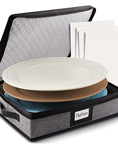 Platter Storage Case, Fine China Storage Containers Hard Shell, Quilted and Stackable 16”x 12.5”x 3.5” Platter Storage Container with Zipper, Handles and Felt Dividers for Moving and Seasonal Storage