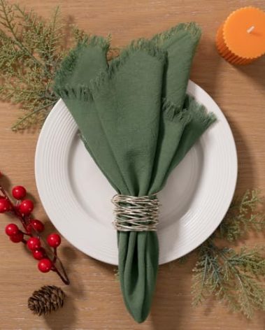 LINXTAR Handmade Cloth Napkins with Fringe 10 Pack 17''x17'' Thick Cotton Linen Napkins Soft Versatile Dinner Table Napkins for Parties Weddings Everyday Use - Olive Green