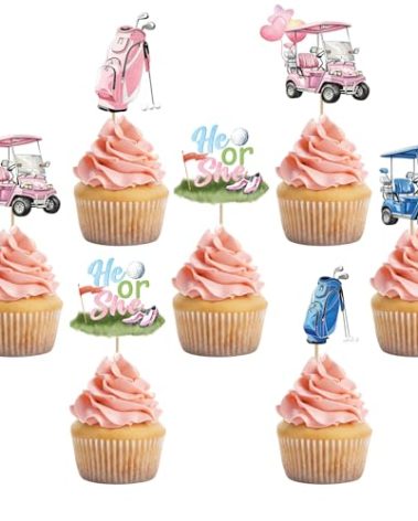 24Pcs Golf Gender Reveal Cupcake Toppers - Pink-Blue Golf Cake Decorations, "He or She" Golfs Themed Cupcakes Picks for Boys Girls Gender-Reveal Pregnancy Announcement Party Decor