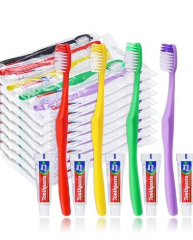 HAIFOTRVA 50pcs Disposable Toothbrushes with Toothpaste,Single Use Toothbrush with Toothpaste Individually Wrapped Disposable Travel Toothbrushes Kit Bulk for Homeless,Hotel,Guests(5 Colors)