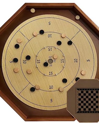 30 Inch Tournament Crokinole Board Game, 2 in 1 Crokinole and Checkers with 26” Playing Surface, Metal Pegs, Wooden Octagon Canadian Tabletop Board Game Krokinole for Families and Friends