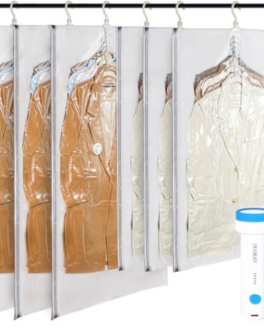 DUORAN Hanging Vacuum Storage Bags with Electric Pump – 6 Pack (3 Long, 3 Short) Hanging Vacuum Seal Bags for Clothing, Closet Organizer Space Saver for Suits, Jackets & Coats