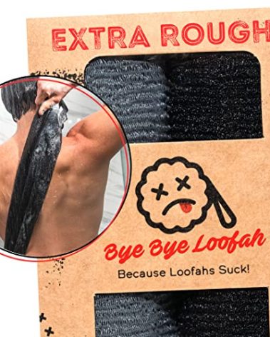 Extra Rough Exfoliating Washcloth - Extreme Body & Back Scrubber for Shower, Extra Long, Hygienic Exfoliator Wash Cloth, Men Or Women, 2 Count Pack, 1 Black & 1 Grey Color, Bye Bye Loofah
