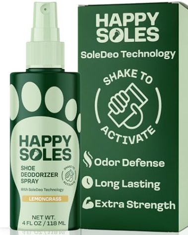 HAPPY SOLES Shoe Deodorizer Spray for Gym Gear & Smelly Shoes Caused by Stinky Feet - Strong Odor Fighter for Sneakers, Boots, and Sandals - Fresh Smell, Refreshing Shoe Spritz 4oz (Lemongrass)
