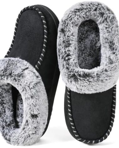 ULTRAIDEAS Women's Memory Foam House Slippers with Hard Bottom, Fur Lined House Shoes with Non-Slip Rubber Sole for Indoor & Outdoor (Black, 7-8)