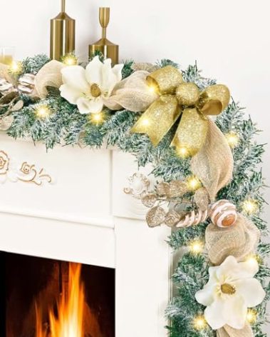 Christmas Garland with Lights, 6 FT Luxury Christmas Garland for Mantle, Christmas Flocked Garland with Gold Bows Ribbons Magnolia for Front Door Fireplace Table Home Decor