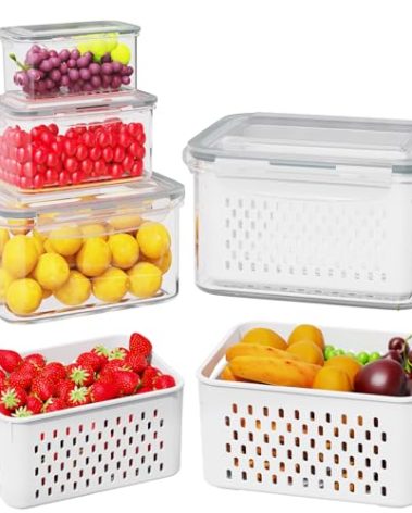 4 Pcs Fruit Storage Containers for Fridge (with Drain Basket) - Leak-Proof Food Containers, BPA-Free, Keep Fruits, Vegetables, Berries, and Meats Fresh for a Long Time, Dishwasher and Microwave Safe