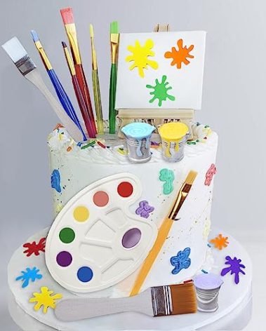 26 Pcs Art Cake Topper Paint Cake Decorations Painting Cake Toppers include Paint Pen Brush Painting Bucket Palette for Kids Birthday Baby Shower Art Themed Party Cake Decoration Supplies