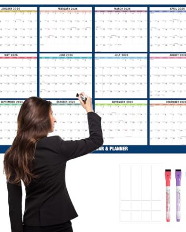 32" x 48" 2026 Wall Calendar Large Dry Erase Calendar for Wall Erasable Laminated 12 Month Wall Planner Yearly Annual Calendar Reversible Horizontal/Vertical Office Classroom Home