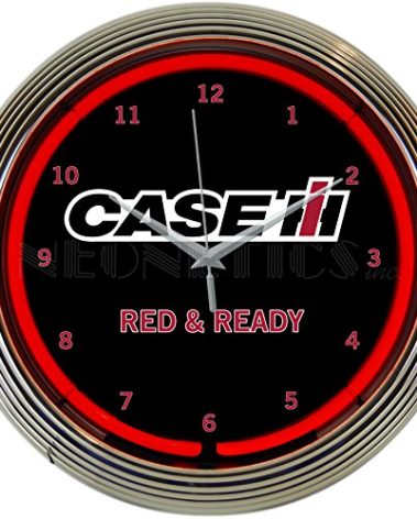 Case IH International Harvester Red and Ready Neon Clock 15 Inch Diameter with Chrome Rim and Red Neon – 8CASEC