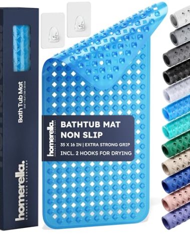 Bathtub Mat Non Slip 35x16 - homerella® Bath Mat Incl. Hooks for Drying, Extra Long, 100% BPA Free, Shower Mat Non Slip Anti Mold, Machine Washable, Shower Mats for Inside Shower Mildew Resistant