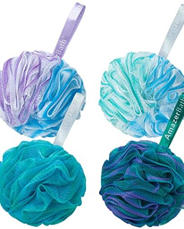 AmazerBath Loofah Sponge 75g/Piece, Exfoliating Bath Sponge Body Scrubber - Loofa Set of 4 Flower Color (Large, Green-Purple)