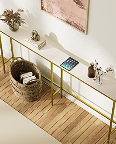 SONGXIN 70.9" Console Table,Modern Extra Narrow Long Sofa Table Behind Couch,Skinny Entry Table with Gold Metal Frame for Living Room, Hallway,Classic White
