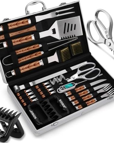 RINPIR 35pcs Deluxe Grilling Gifts Set for Birthday Fathers Day, Stainless Steel BBQ Accessories Kit for Men Dad, Professional Grill Tools Utensils with Scissors, Meat Claws in Aluminum Case Brown