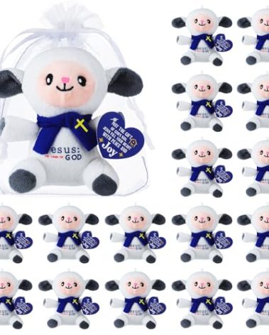 Leitee 16 Pack Jesus Lamb Plush Toys 5.5'' Christian Christmas Stuffed Animal with Blessing Tag, The Lamb of God Plush Doll Gift Bags for Kids, Sunday School Religious Church Party Favor