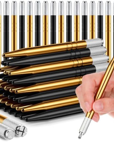 Gisafai 50 Pcs Microblading Pen Manual Eyebrow Pens Supplies Aluminum Microblade Pen Tool Holder Hand Tools for Makeup Supplies Salons(Black, Gold)