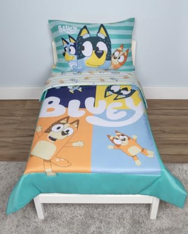 Bluey 4 Piece Toddler Bedding Set – Includes Comforter, Sheet Set – Fitted Top Sheet Reversible Pillowcase for Boys or Girls Bed, Blue
