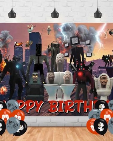 Toilet Man Birthday Party Supplies Backdrop 5x3 Skibidi Happy Birthday Background Photography Cartoon Party Decorations Banner Photo Booth Props