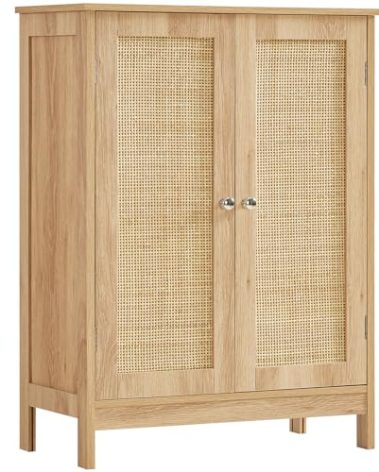 Iwell Storage Cabinet, Rattan Cabinet with Adjustable Shelf, for Living Room, Entryway, Kitchen, Home Office, Nature