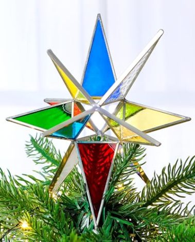Vertintong 7 Inch Moravian Star Christmas Tree Topper Moravian Stained Glass Star Ornament Iridescent Christmas Tree Decoration Colorful Window Hanging Decoration Church Gift(Colorful)