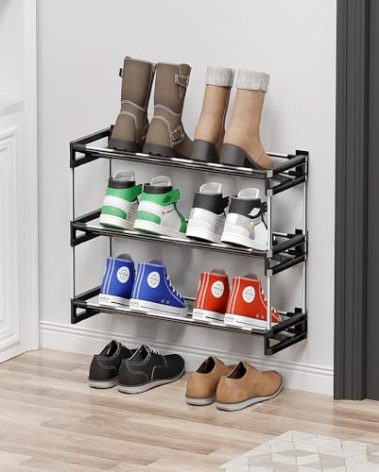 DEYILIAN 3 Tier Narrow Shoe Rack with Hook and Loop Sticky Adhesive Strips Shoe Shelf for Wall Mounted Slim Shoe Rack Space Saving Design Wall Shoe Organizer for RV