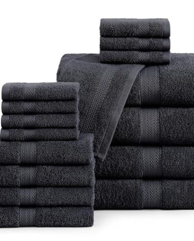 LANE LINEN 100% Cotton Luxury Towel Set for Bathroom - 16 Pieces, Ring Spun - Super Plush, Very Soft & Absorbent - 4 Bath Towels, 8 Washcloths, 4 Hand Towels - Suitable for All Skin Types - Black