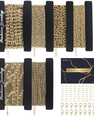 Ecoofor 14k Gold Necklace Chains for Jewelry Making, Total 20 Feet 6 Rolls Bracelet Chains for DIY, 3.3 Feet Each Style, 14K Gold Plated Chain with Jump Rings/Lobster Clasps/Connectors