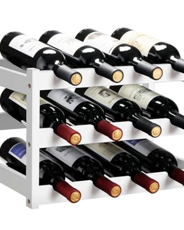 VASMIA Bamboo Wine Rack, Sturdy and Durable Wine Storage Cabinet Shelf, Wine Racks Countertop for Pantry,Kitchen,3-Tier 12 Bottles Wine Rack White
