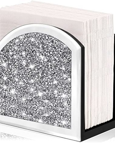 Wocred Mirror Napkin Holder,Crystal Crushed Diamond Vertical Holder,Cute Glass Mirror Napkin Holder for Counter or Table.(5.9”X5.9”X3”)