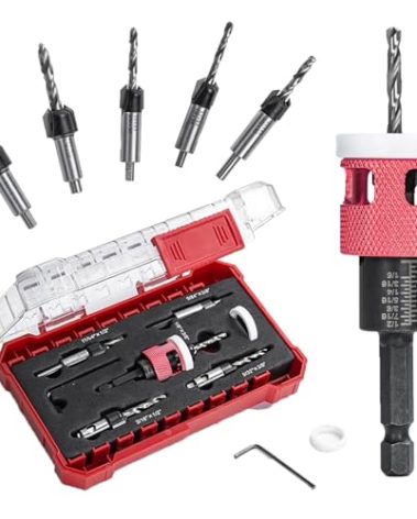 5 Pcs Countersink Drill Bit Set with Low Friction Depth Stop,1/4" Hex Shank,HSS M2 Tapered Bits 1/8" 9/64" 5/32" Drill+3/8” 82° Counter-Bore,11/64" 3/16" Drill+ 1/2" 82° Counter Bore (Red)