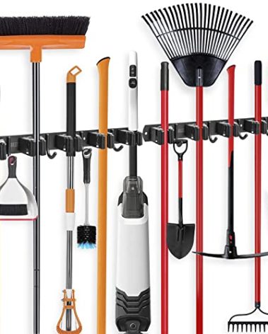 IMILLET 2 Pack Broom and Mop Holder Wall Mounted, Broom Holder Stainless Steel Broom Organizer Heavy Duty Tools Organizer Self Adhesive for Laundry Room Garage Garden（5 Racks and 4 Hooks）