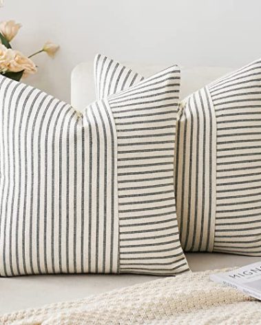 MIULEE Grey and Beige Patchwork Farmhouse Pillow Covers 24x24 Inch, Pack of 2 Striped Linen Decorative Eruo Sham Modern Accent Pillow Cases for Sofa Couch Bedroom