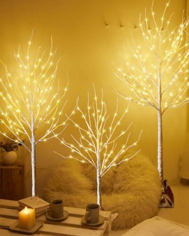 Outdoor Christmas Decoration Lighted Birch Tree, 3 Packs LED Prelit Light up Tree with Burlap Decor, Warm White, Power Supply by Adaptor, Xmas New Year Indoor&Outdoor Decor(4FT&5FT&6FT)