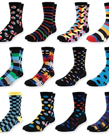 Mitch Bogen Men's Colorful Dress Socks - Fun Patterned Funky Crew Socks For Men - 12 Pack (Style 1, Sock Size 13-15Shoe Size 12-16)