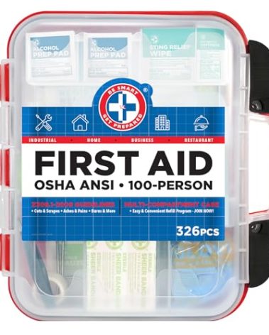 Be Smart Get Prepared First Aid Kit Hard Red Case 326 Pieces Exceeds OSHA and ANSI Guidelines 100 People - Office, Home, Car, School, Emergency, Survival, Camping, Hunting and Sports (20HBC01015REV3)