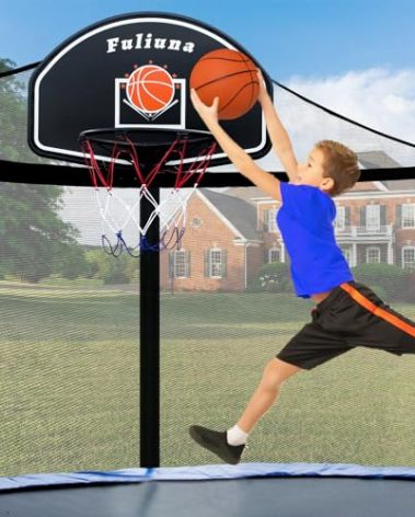 Alpcouts Trampoline Basketball Hoop, Basketball Hoop for Trampoline Fits for 25mm Straight Pole & Curved Pole, Trampoline Basketball Hoop Attachment with Protective Net,Mini Ball,Pump, Easy to Install