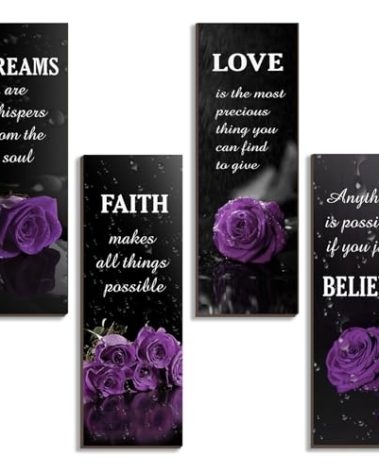 DONFENTHY 4 Pcs Purple Bathroom Decor Rose Wooden Wall Decor Inspirational Farmhouse Signs With Faith Love Dream Believe Purple Decor For Women Office Bedroom Home Gift(12x4Inch)