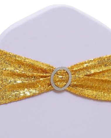 SINSSOWL Pack of 100 Spandex Sequin Gold Chair Sashes for Wedding Chair Sashes for Party Fiesta Baby Shower Decor Chairs Bands - Sequins Gold Sash for Chairs