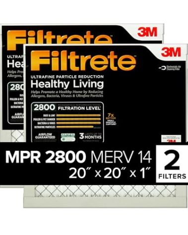 Filtrete 20x20x1 Air Filter, MPR 2800, MERV 14, Healthy Living Ultrafine Particle Reduction 3-Month Pleated 1-Inch Air Filters, 2 Filters