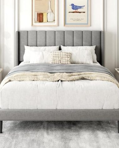 Gruwans Full Size Bed Frame with Upholstered Wingback Headboard, Easy Assemnly Platform Bed, Wooden Slat Support No Box Spring Needed, Light Gray
