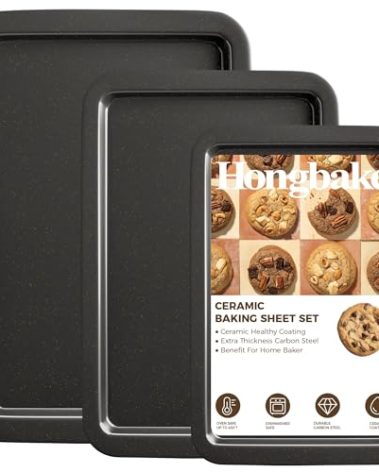 HONGBAKE Ceramic Baking Sheet Pan Set, Cookie Sheet for Oven, Bakeware Sets with Wider Grips, 3 Pack Half/Jelly Roll/Quarter Baking Tray, Premium, Dishwasher Safe - Dark Grey