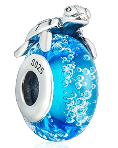 Sea Turtle Charms, on a Blue Bubble Murano Glass Beads, Fit Pandora Ocean Bracelets-925 Sterling Silver Tropical Marine Life Charm Hawaii Vacation Summer Travel