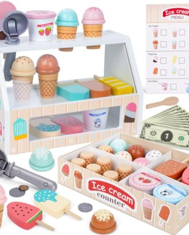 Wooden Ice Cream Counter Playset for Kids, Toddler Girl Toys Kitchen Playset Pretend Play Gifts for 3 4 5 6 Year Old Girl or Boy, Play Food Scoop and Serve, Play Kitchen Sets for Kids Ages 4-8