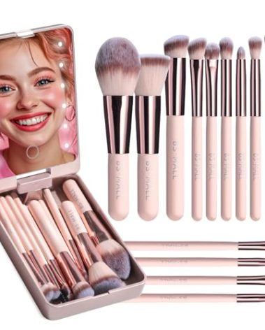 BS-MALL Makeup Brushes Foundation Powder Concealers Eye Shadows Makeup Set with LED light Mirror 14 Pcs Mini Makeup Brushes (APINK)